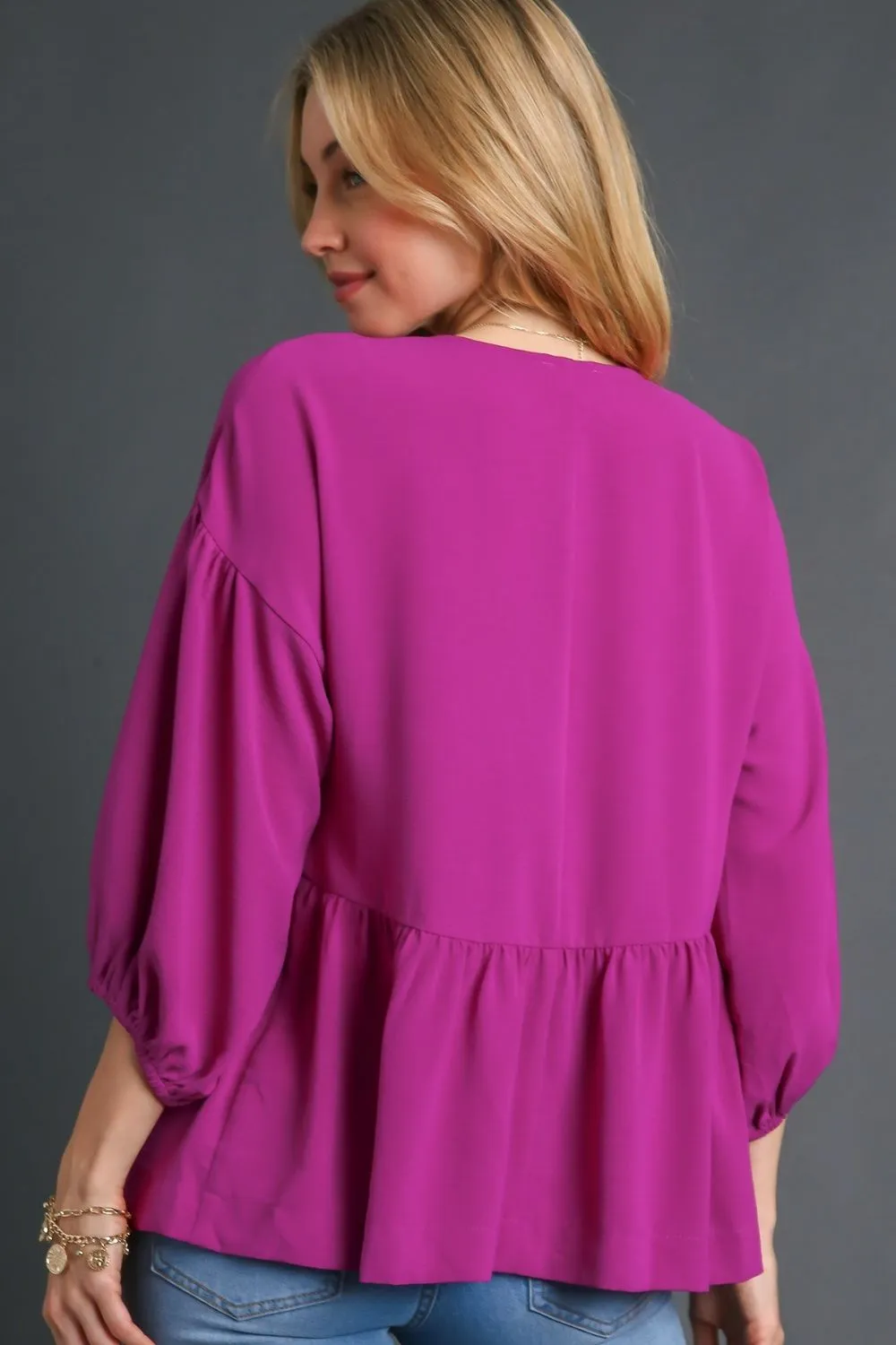 Full Size V-Neck Puffed 3/4 Sleeve Babydoll Blouse Plus Size, image 3