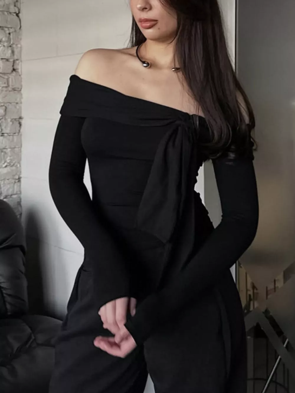 Off-Shoulder Tie-Front Long Sleeve Blouse, image 2