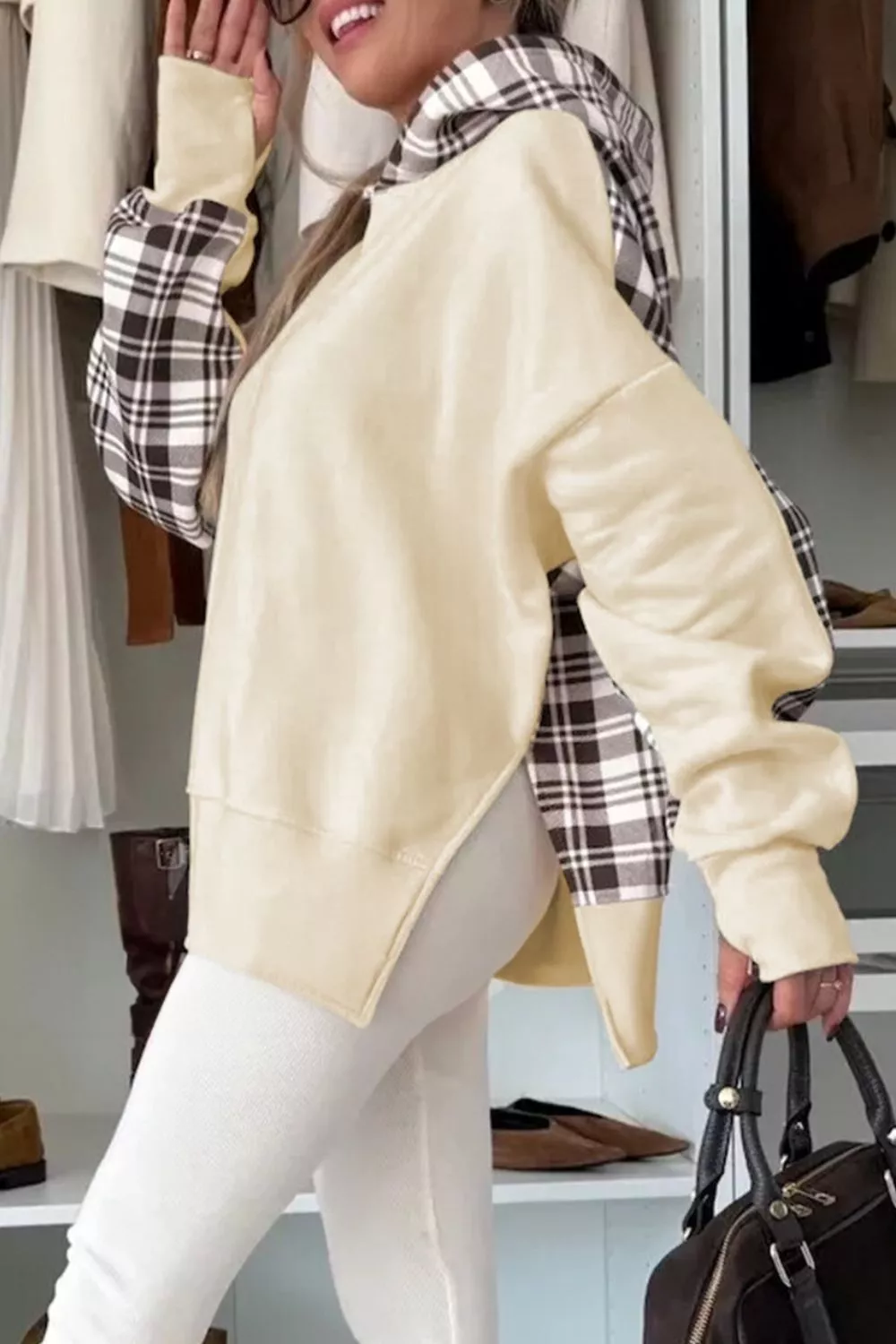 Plaid Side Slit Long Sleeve Hoodie, image 3