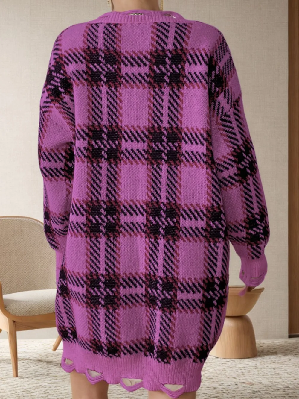Distressed Plaid V-Neck Long Sleeve Sweater Dress, image 6