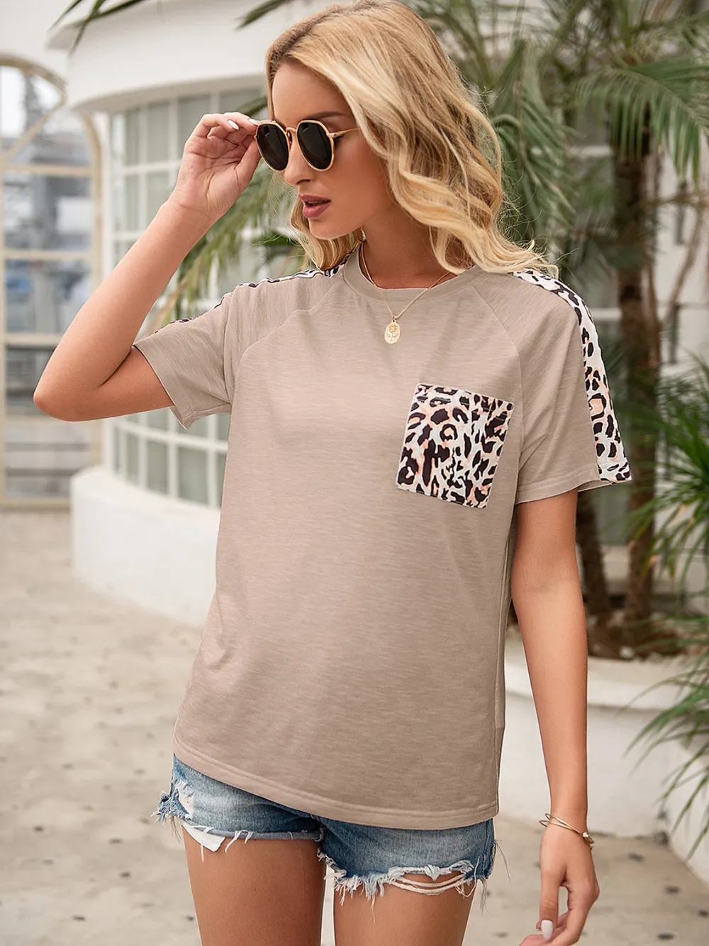 Pocketed Leopard Round Neck Short Sleeve T-Shirt, image 14