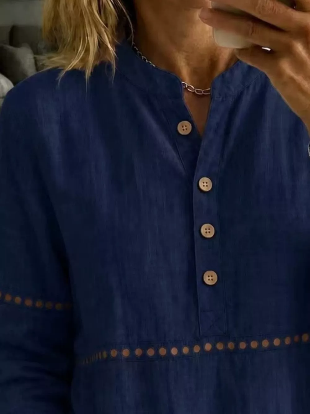 Full Size Button Detail Eyelet Long Sleeve Blouse Plus Size, image 9