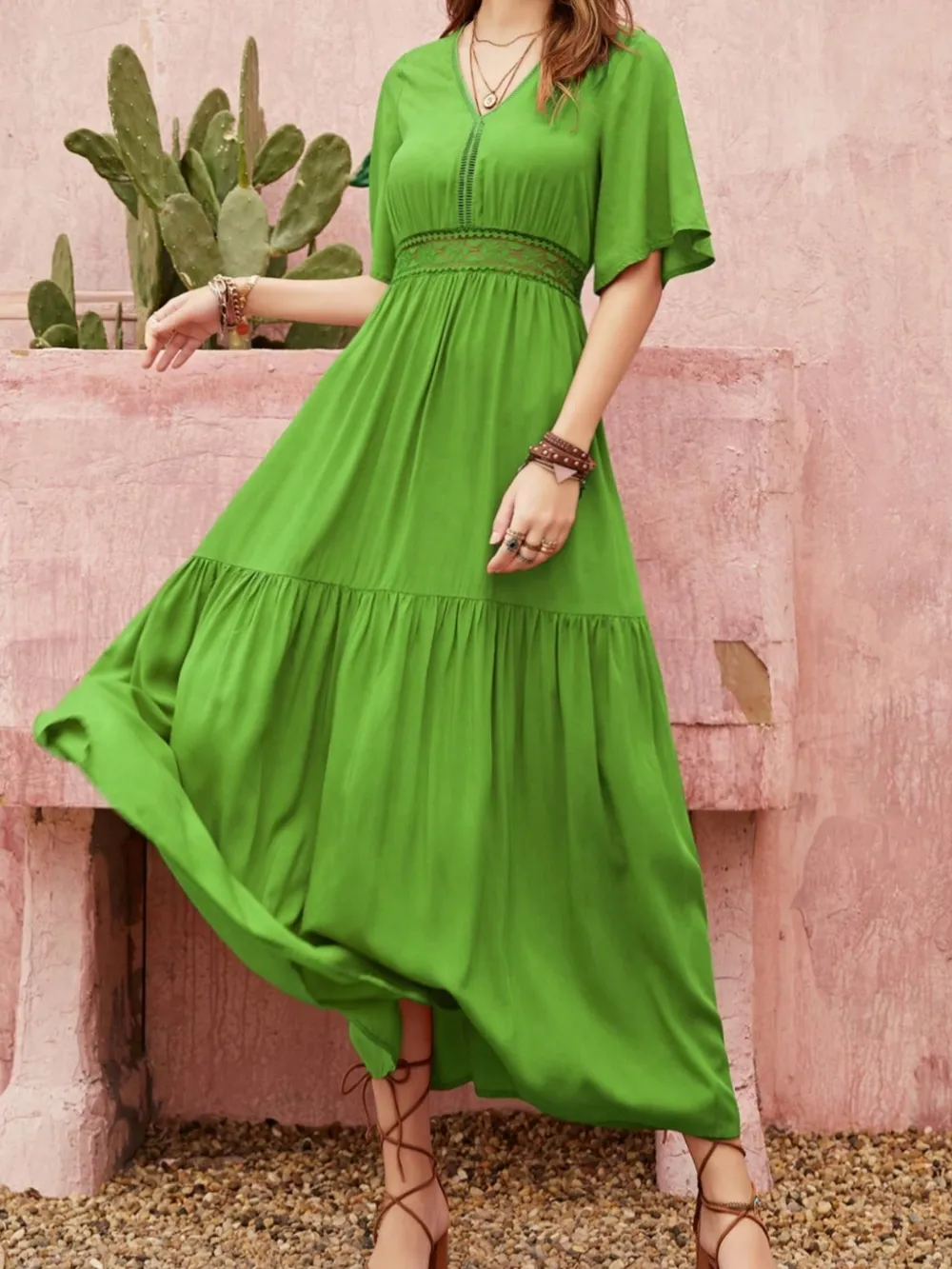 Lace Detail V-Neck Short Sleeve Dress, image 4
