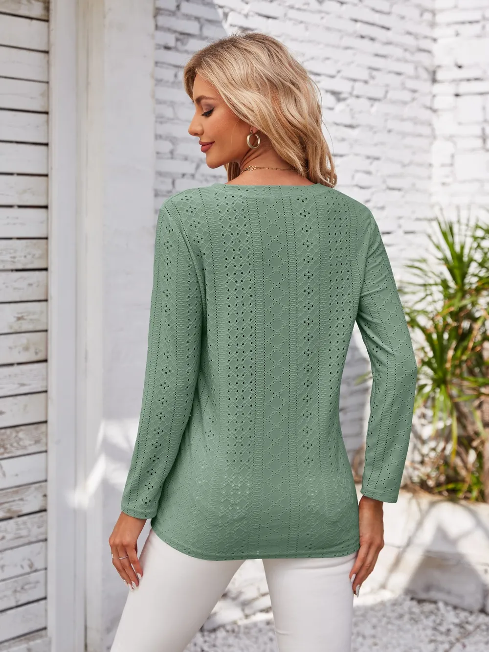 Decorative Button Openwork V-Neck T-Shirt, image 21
