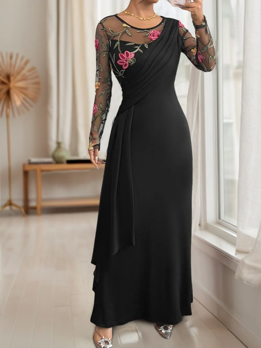 Floral Mesh Sleeve Ruched Maxi Dress, image 6