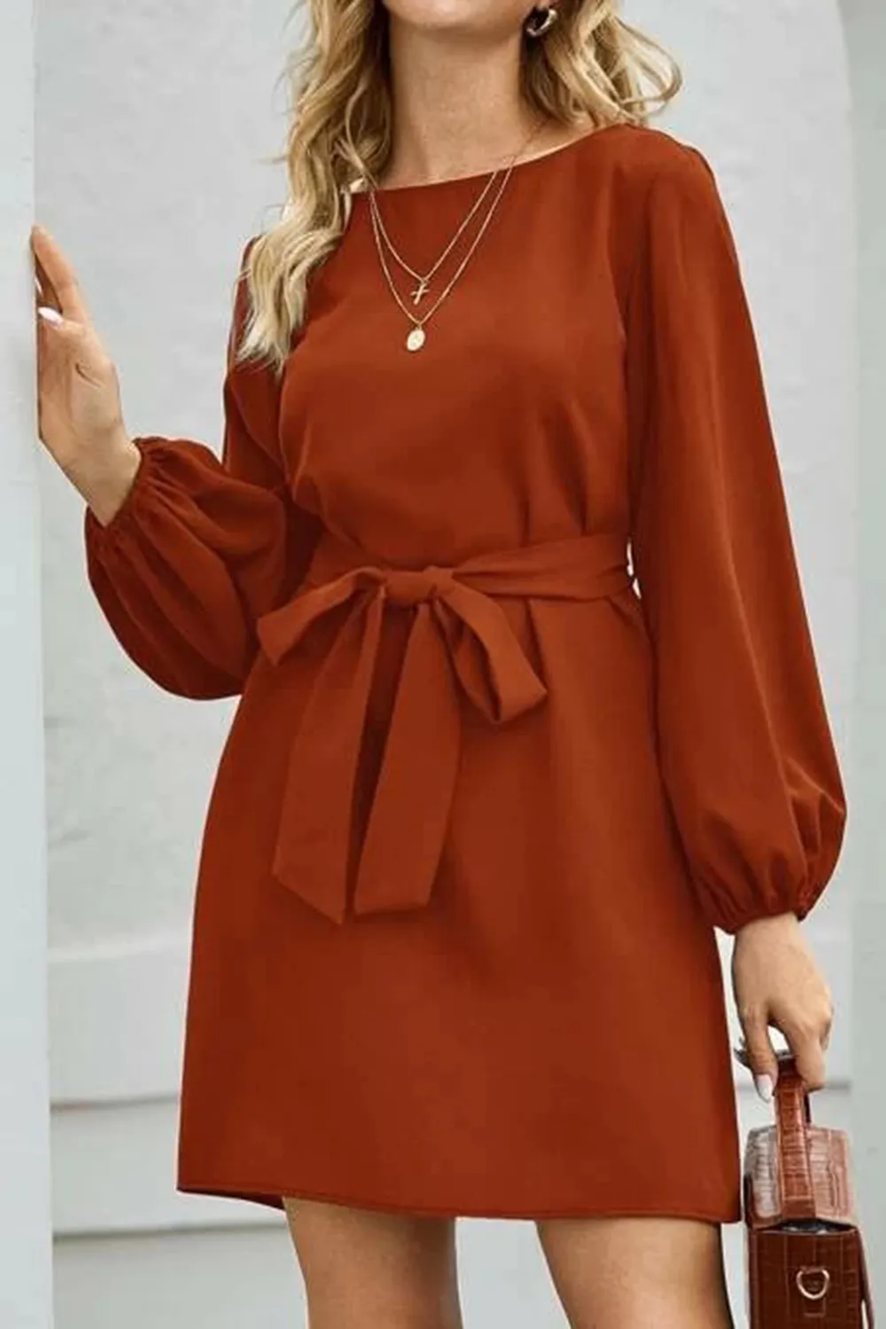 Tied Boat Neck Balloon Sleeve Mini Dress, image 28