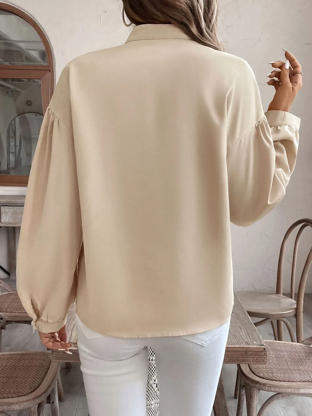 Printed Notched Long Sleeve Blouse, image 3