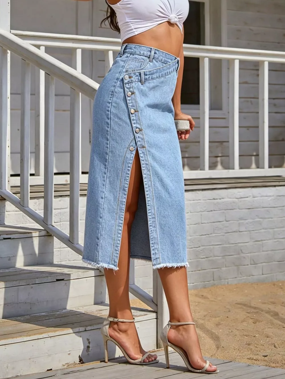 Asymmetric Button-Front Raw Hem Denim Midi Skirt, image 4