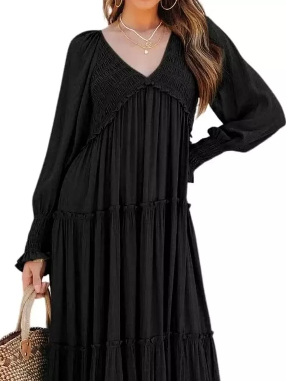 V-Neck Long Sleeve Tiered Maxi Dress, image 14