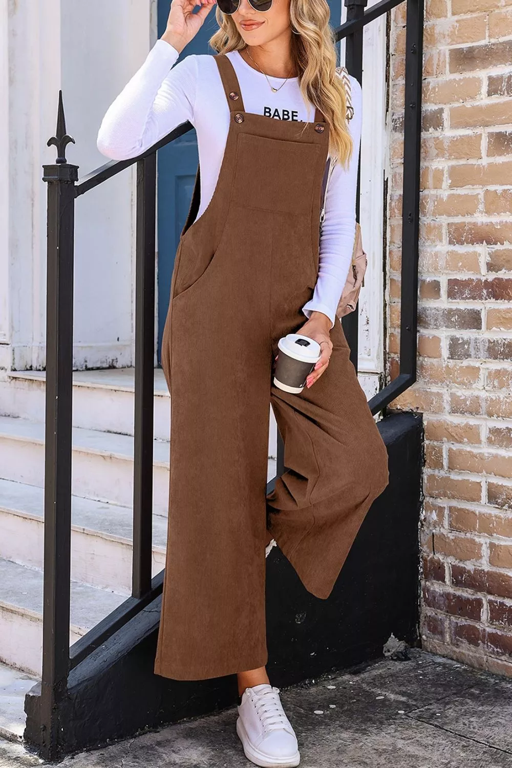 Corduroy Wide-Leg Overalls with Pockets, image 3