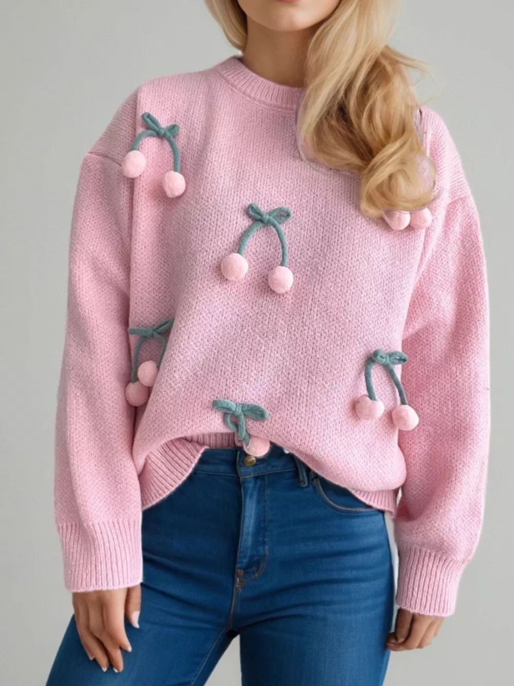 Cherry Pom-Pom Knit Round Neck Sweater, image 2