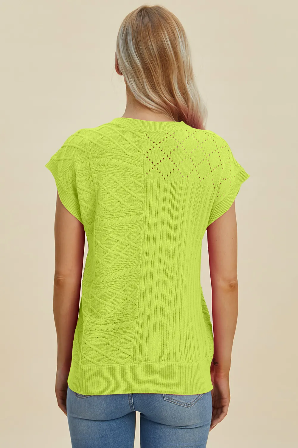 Full Size Cable-Knit Round Neck Cap Sleeve Sweater, image 20