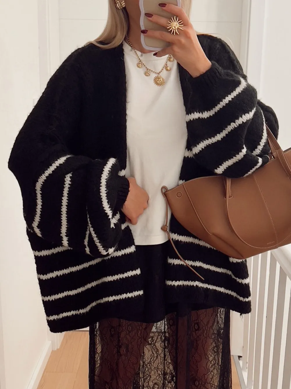 Striped Open Front Dropped Shoulder Cardigan, image 6
