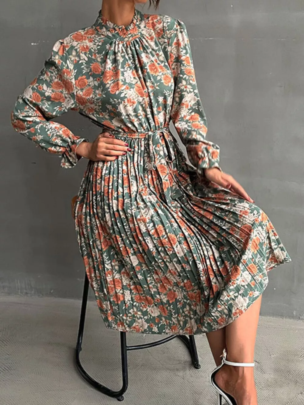 Floral Print Long Sleeve Pleated Midi Dress, image 7