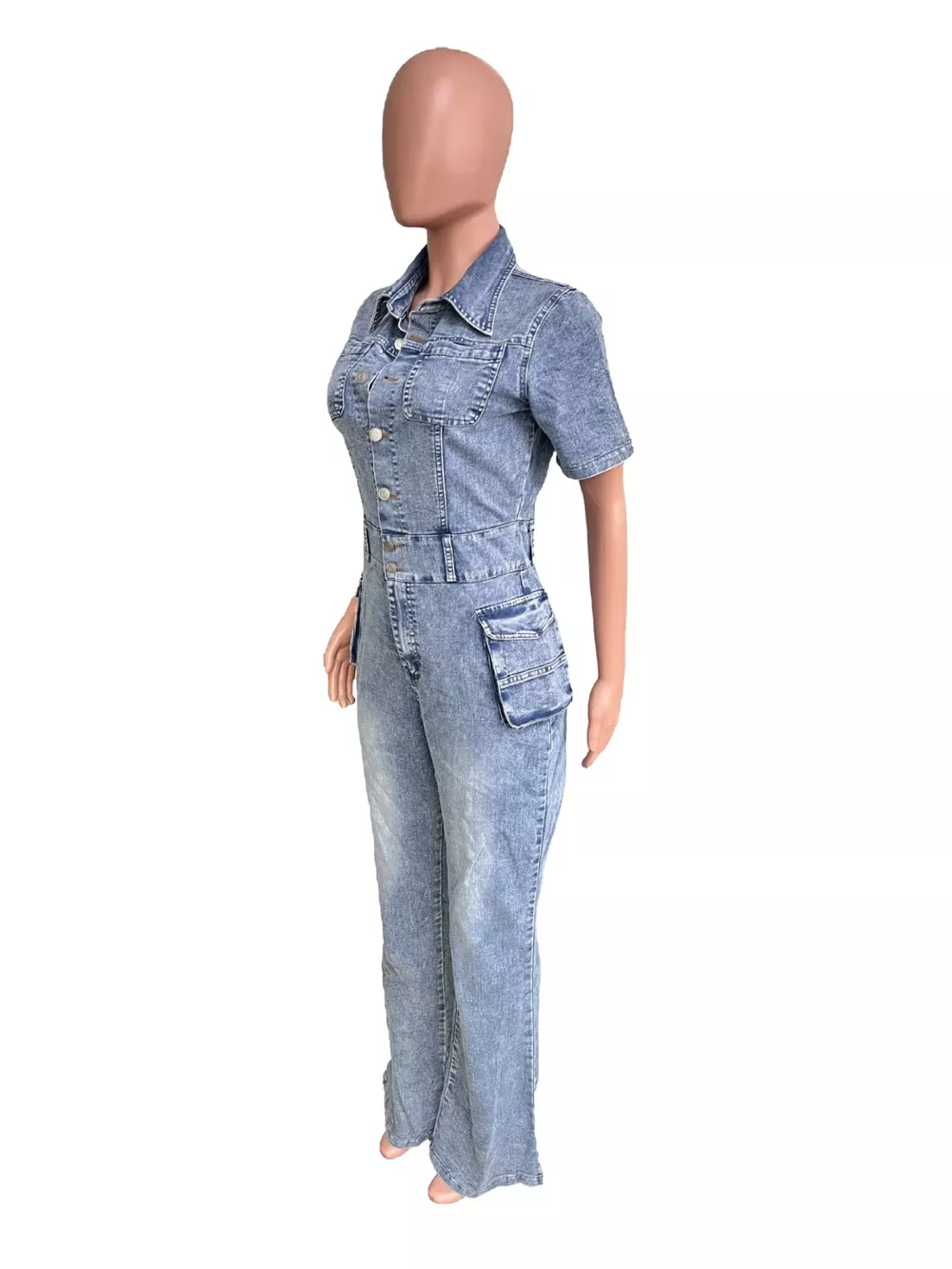 Slim-Fit Denim Jumpsuit with Utility Cargo Pockets and Flared Legs, image 10