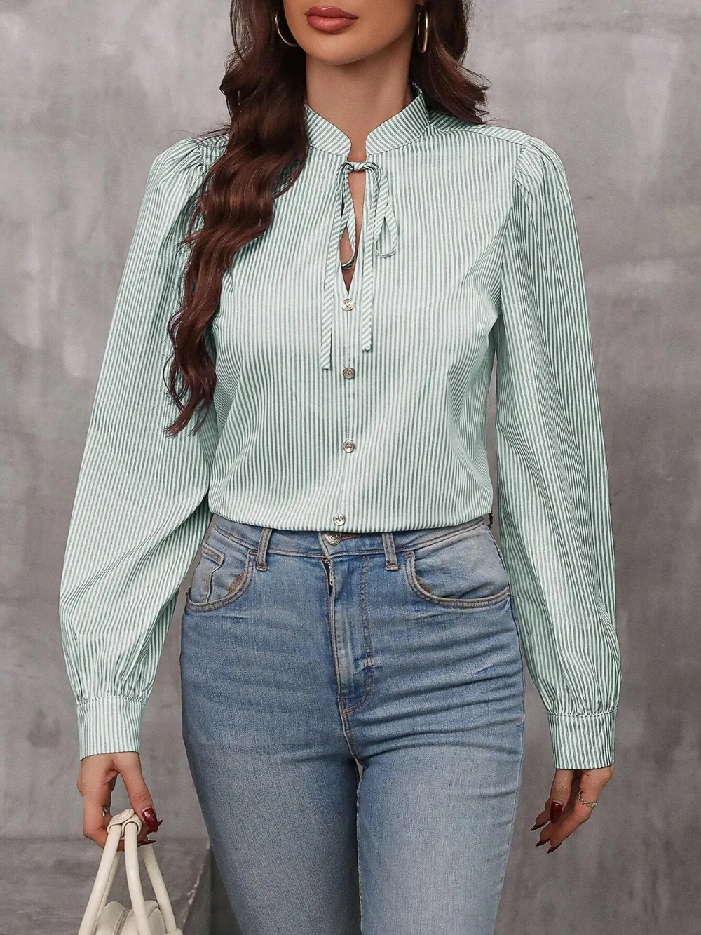 Striped Tie Neck Long Sleeve Shirt, image 3