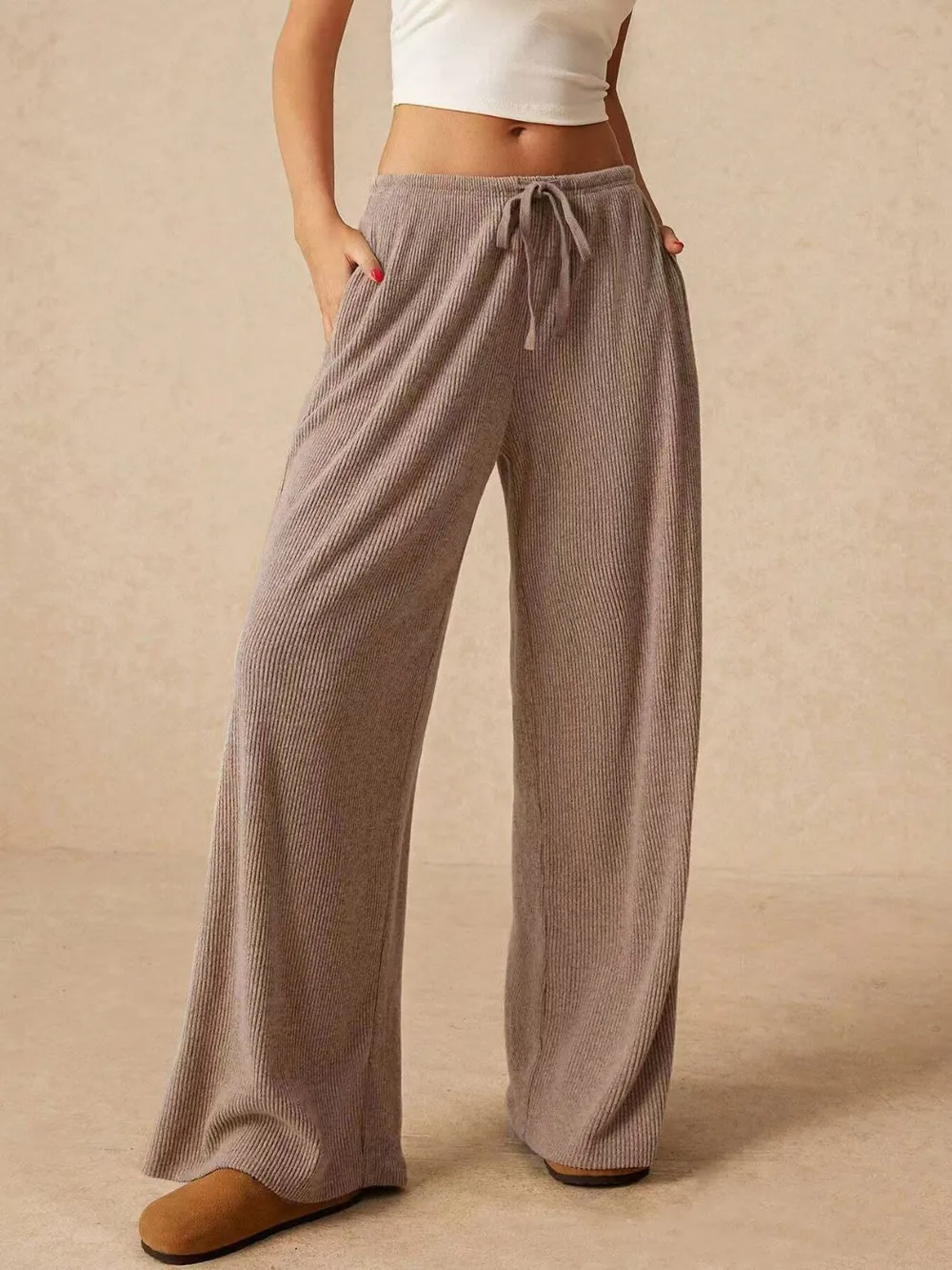 Ribbed Drawstring Wide Leg Pants, image 4
