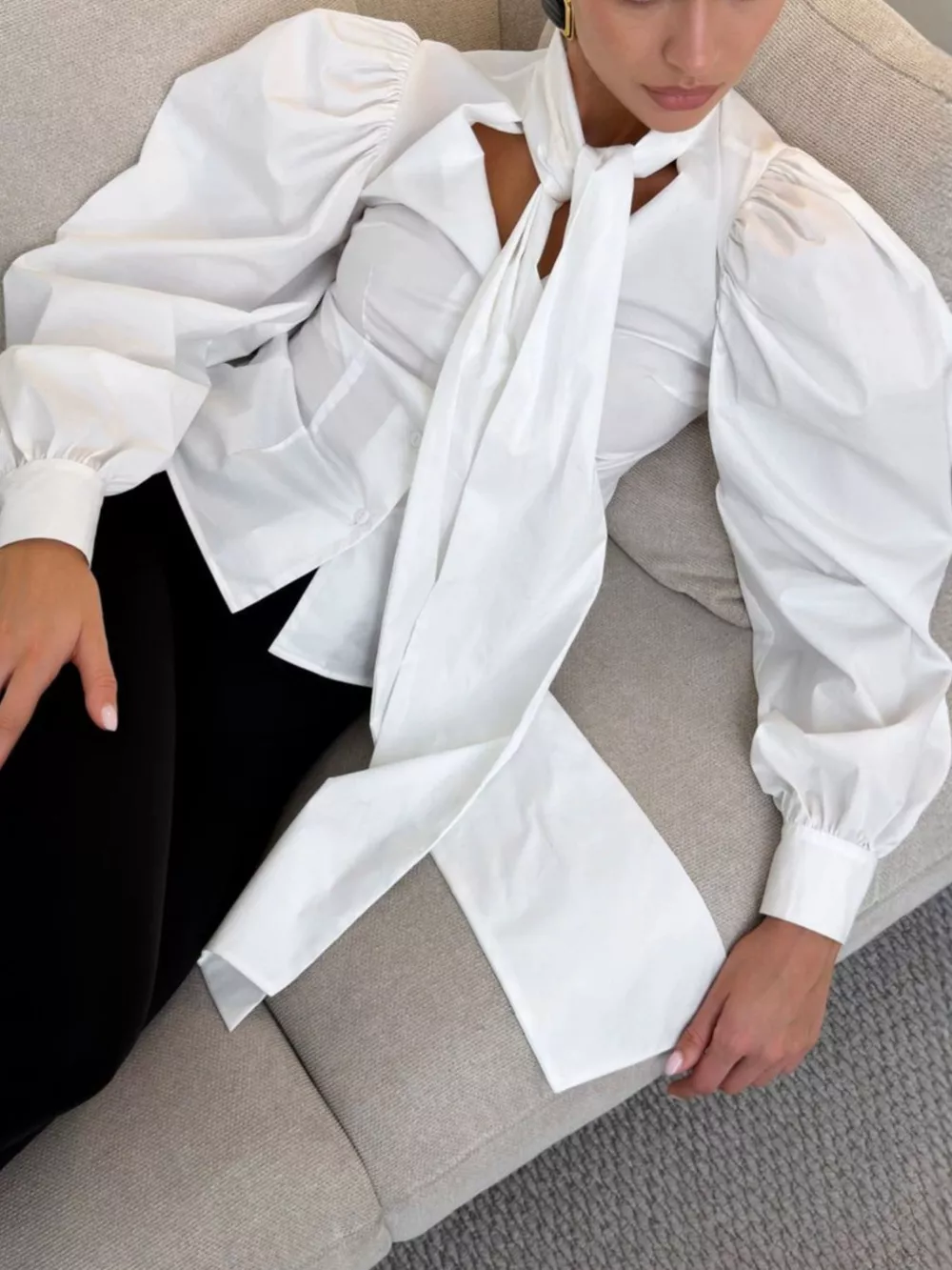 Bow Tie Puffed Sleeves Blouse, image 4