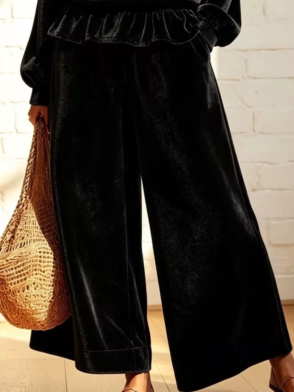 Velvet Peplum Top and Wide-Leg Pants Set, image 10