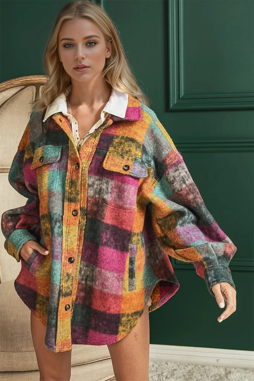Full Size Button Up Plaid Fleece Shacket with Pockets, image 2