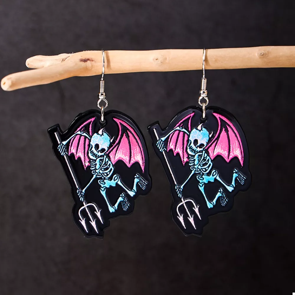 Halloween Spooky Skeleton Devil Wing Dangle Earrings