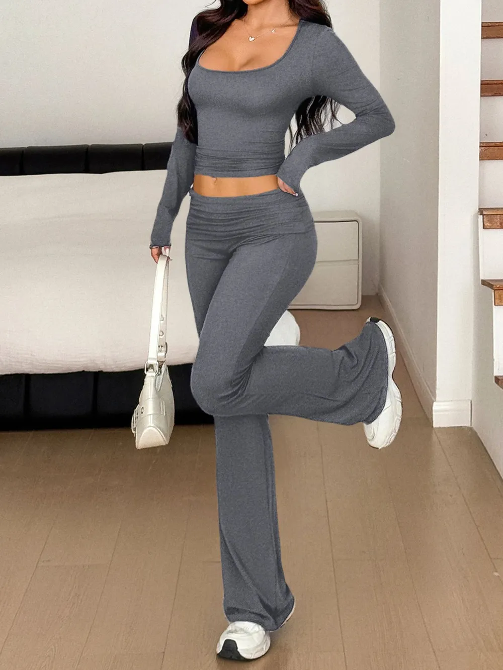 Long Sleeve Crop Top and Bootcut Pants Set, image 14