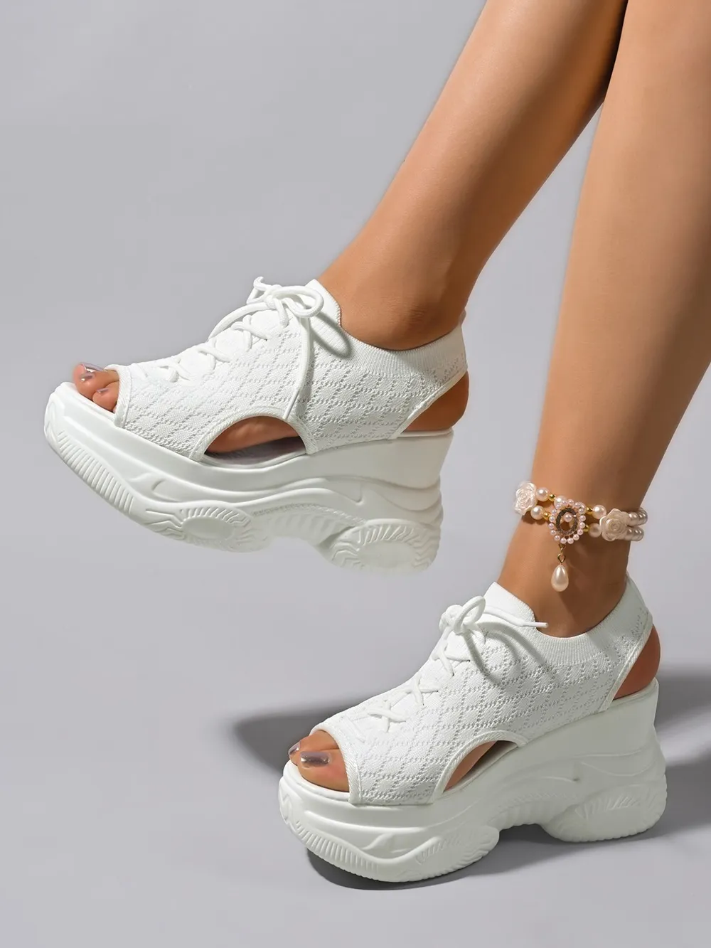 Cutout Lace Up Platform Wedge Sandals, image 4