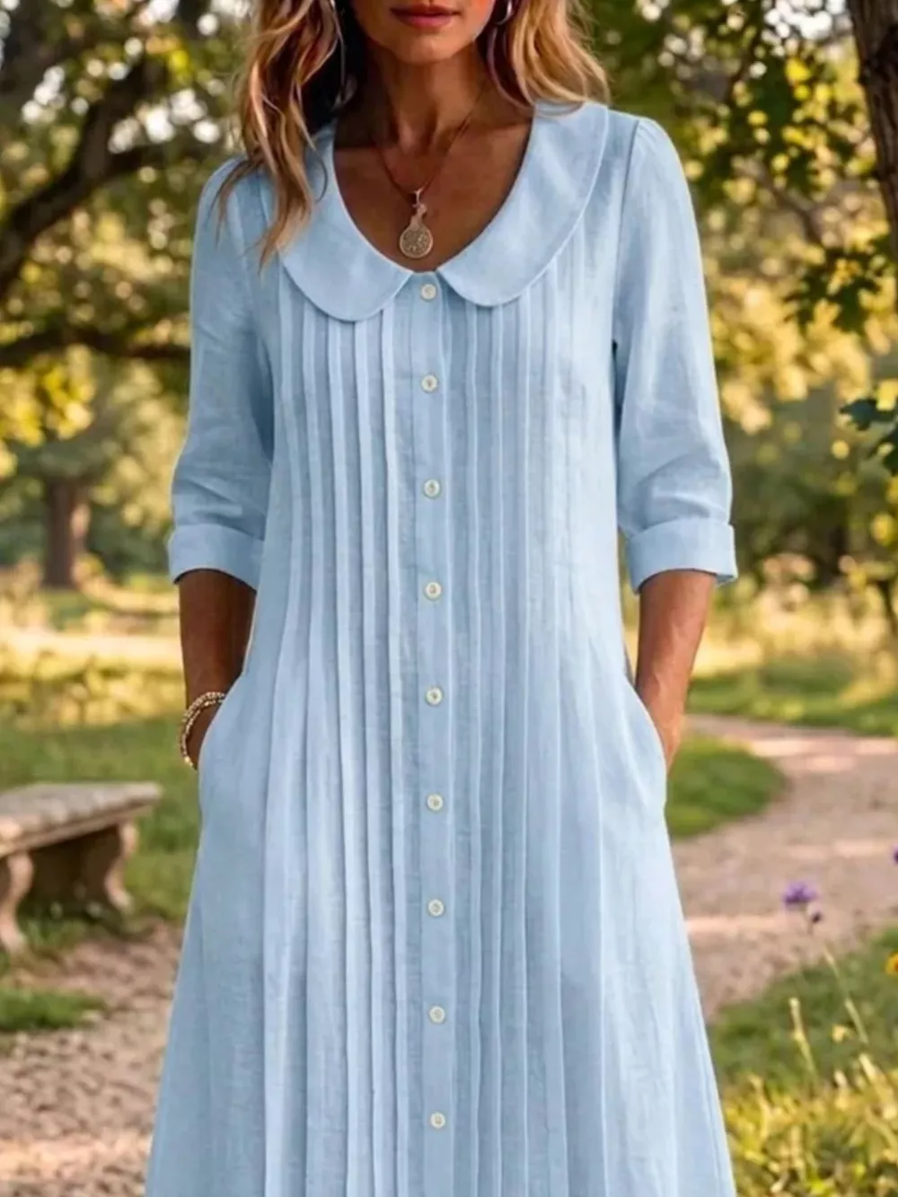 Full Size Peter Pan Collar Button Down Dress Plus Size, image 4
