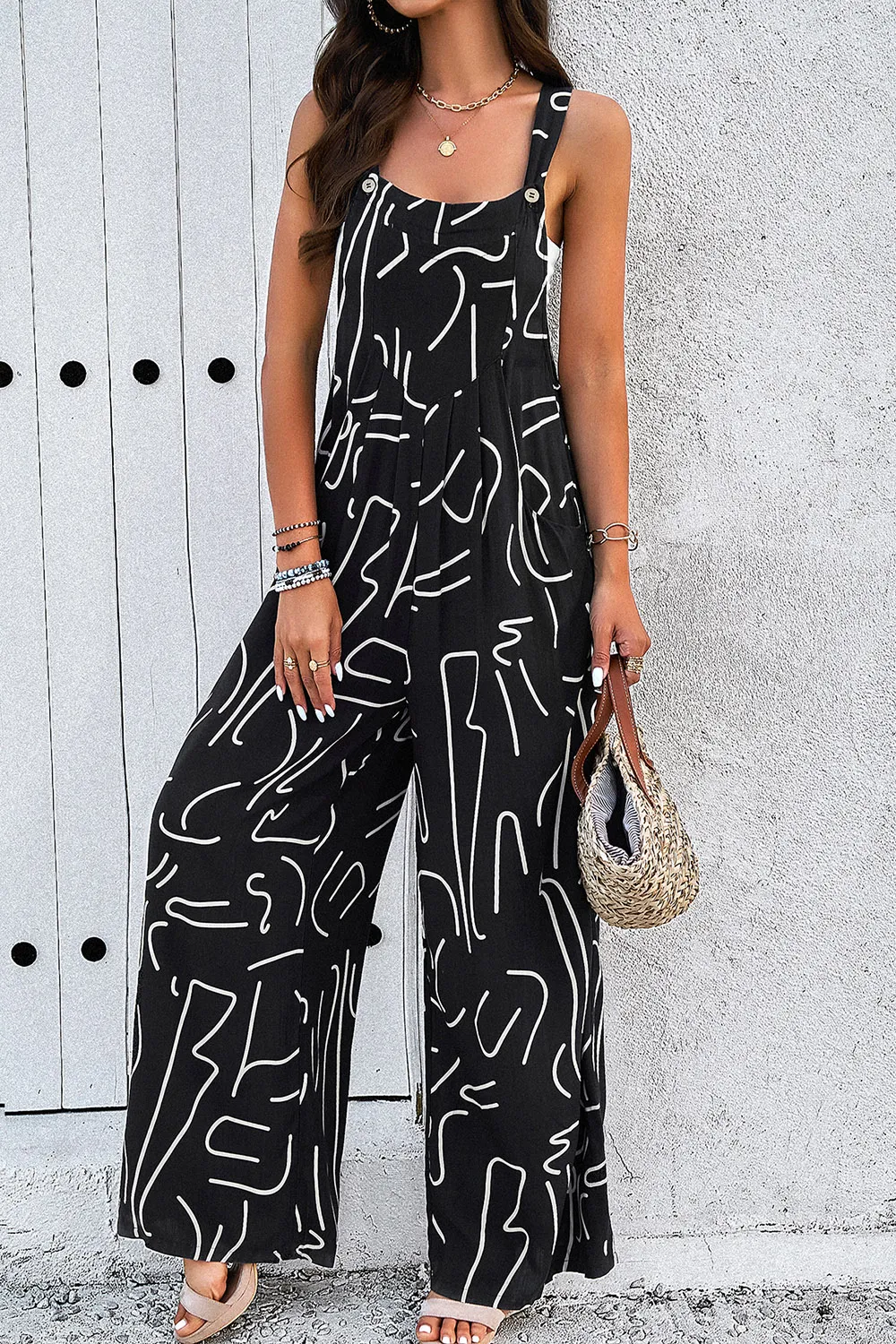Printed Wide Strap Jumpsuit with Pockets, image 14