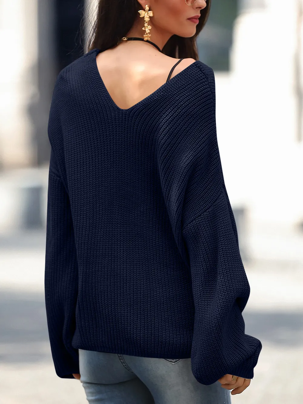 Full Size Lace Up V-Neck Long Sleeve Sweater, image 14