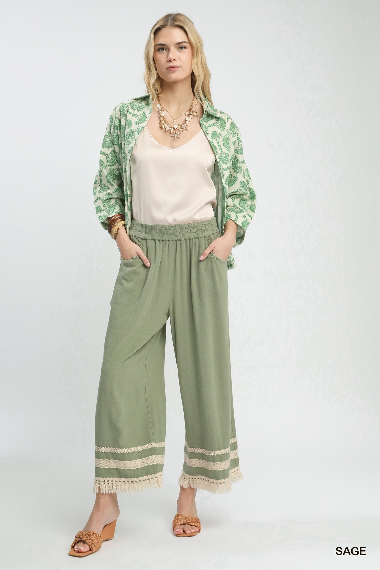 Lace Trim Fringe Hem Wide Leg Pants, image 4