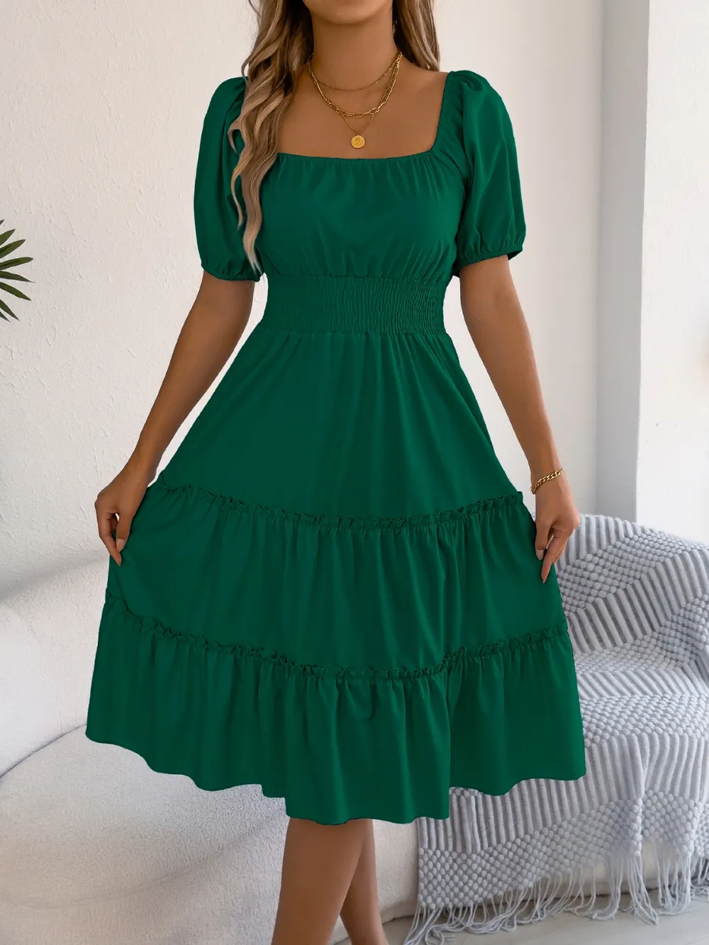 Square Neck Short Puff Sleeve Dress, image 6