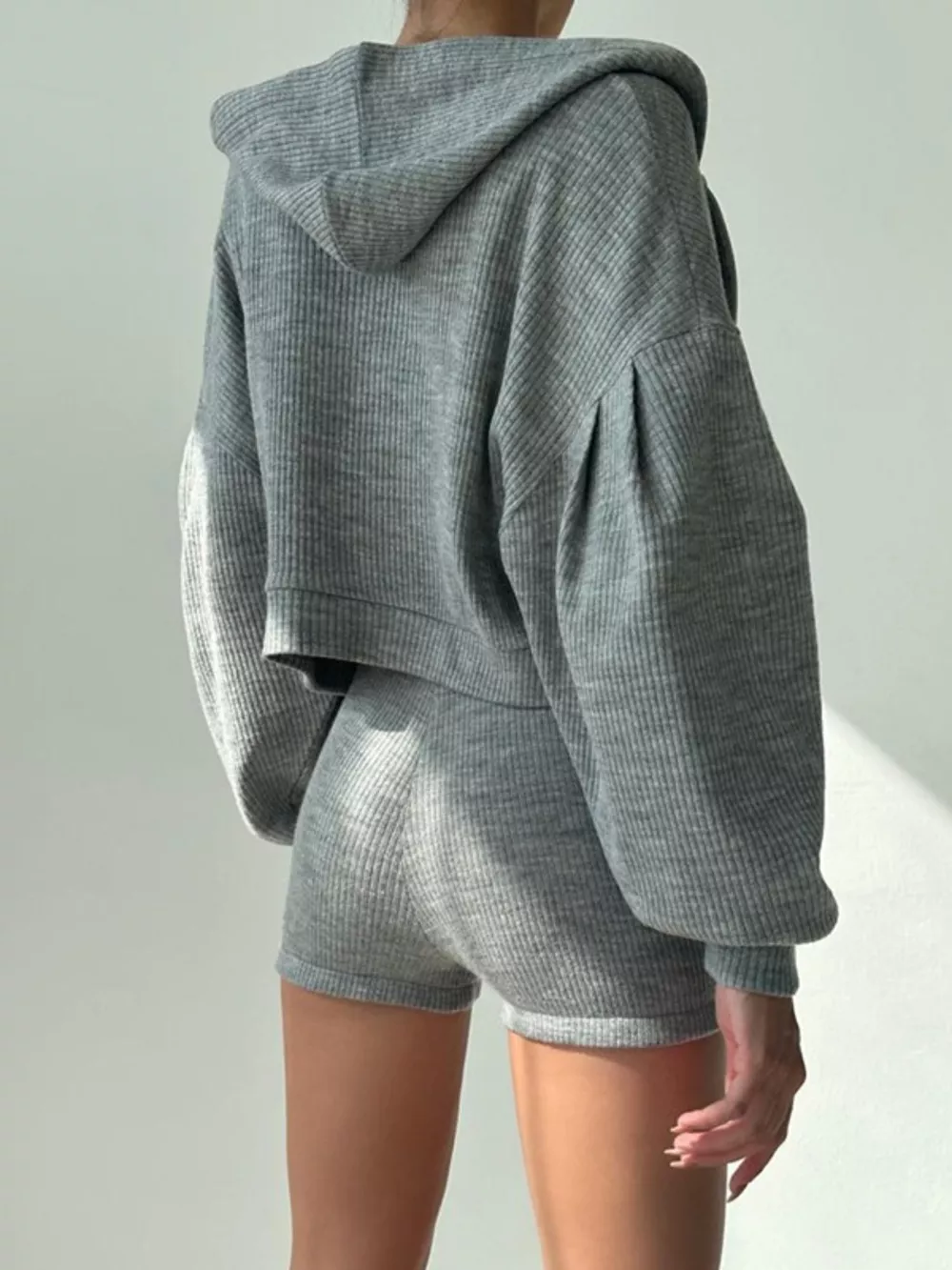 Ribbed Knit Top and Shots Set with Hoodie, image 3