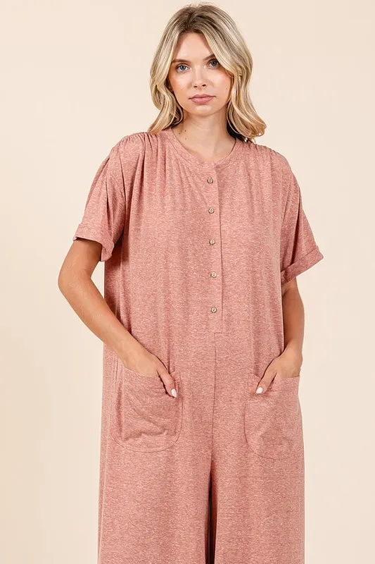 Button Detail Short Sleeve Wide Leg Jumpsuit, image 6
