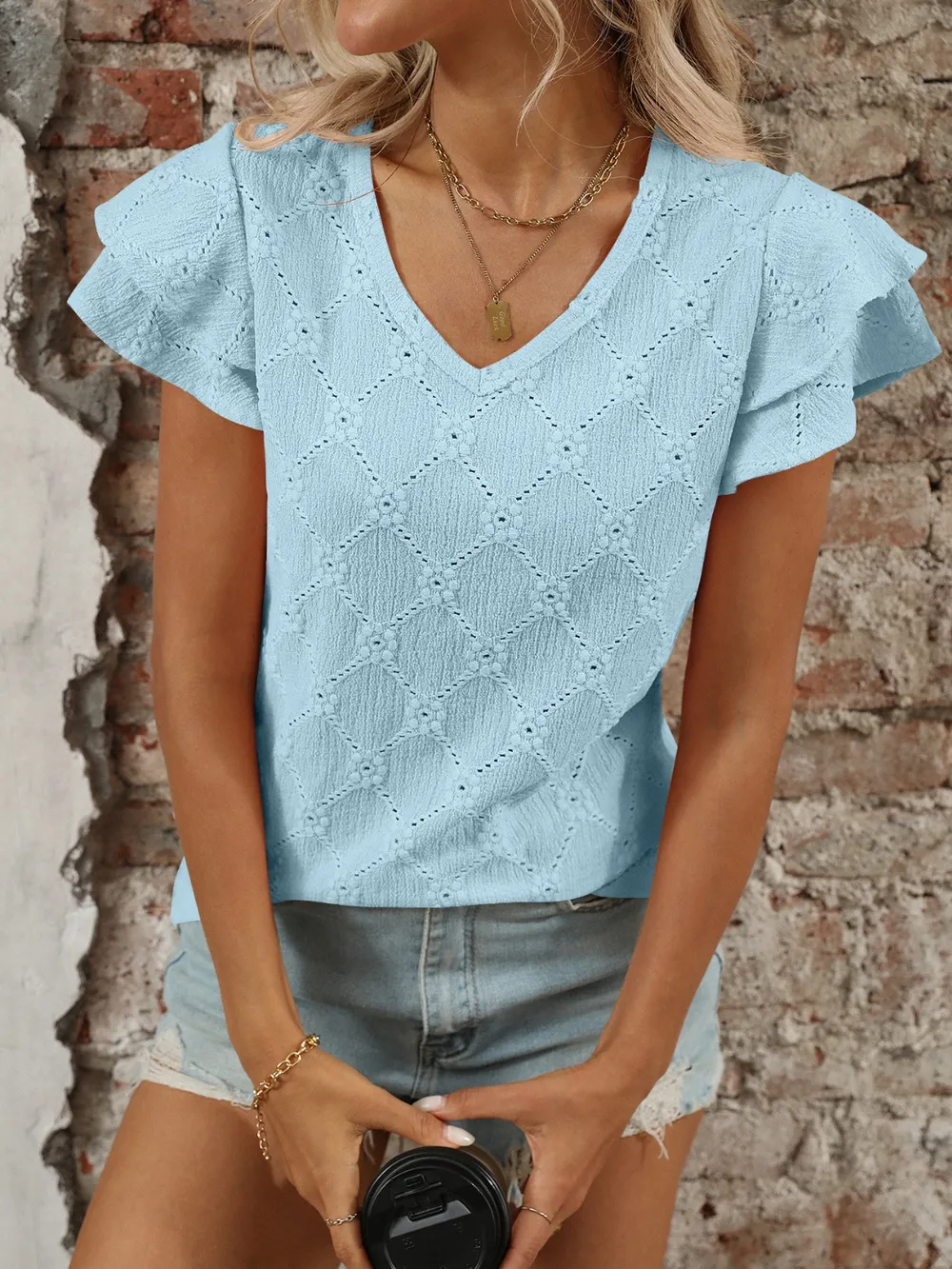 Eyelet V-Neck Ruffled Cap Sleeve Top, image 3