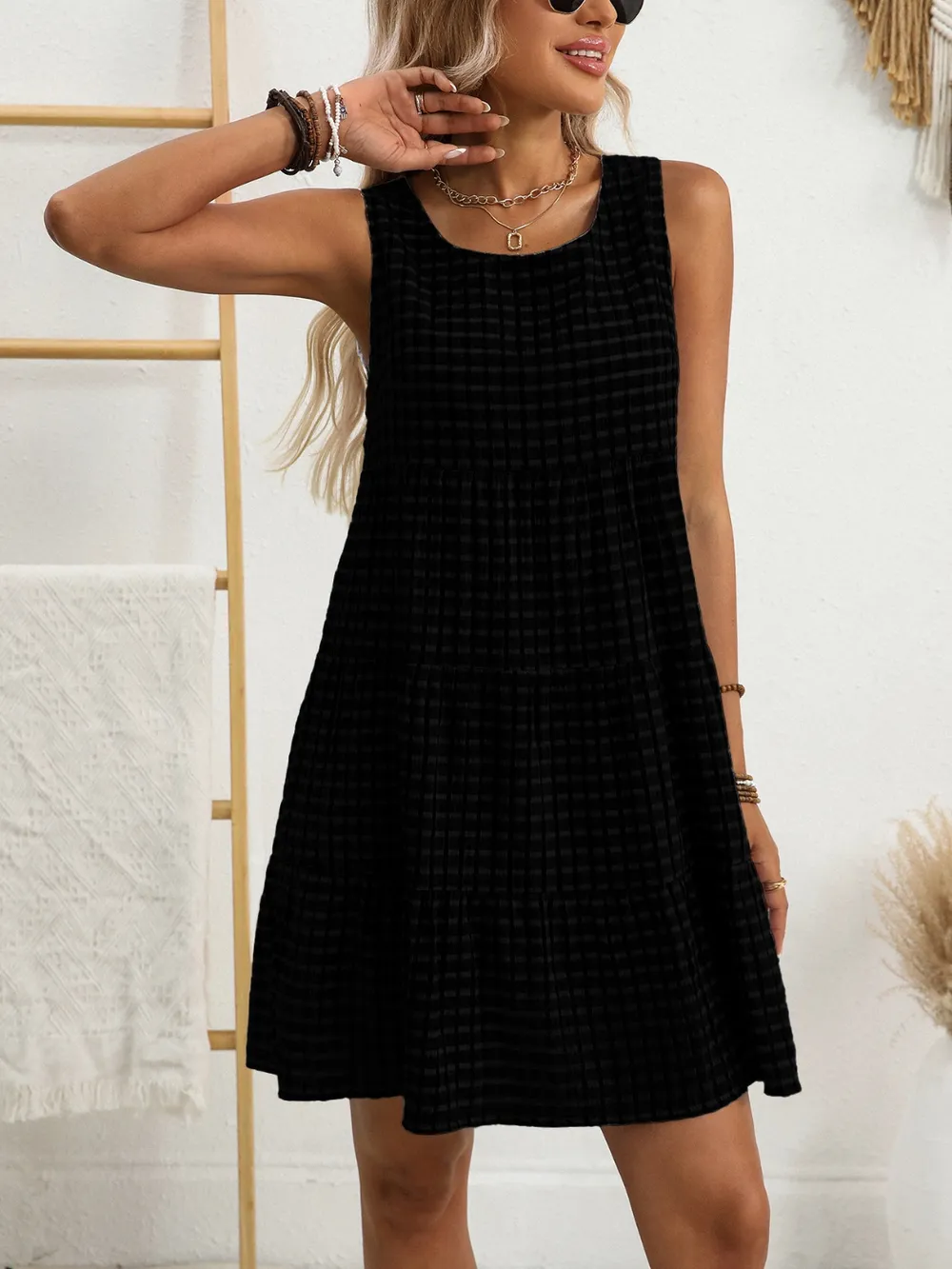 Plaid Round Neck Sleeveless Mini Dress, image 17
