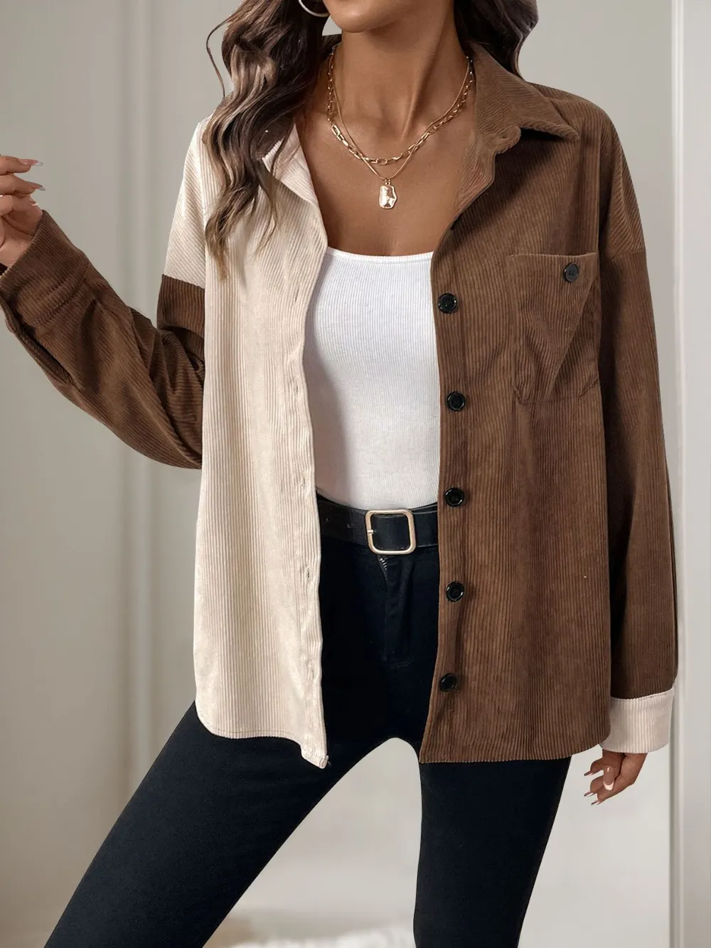Pocketed Contrast Collared Neck Long Sleeve Shirt, image 6