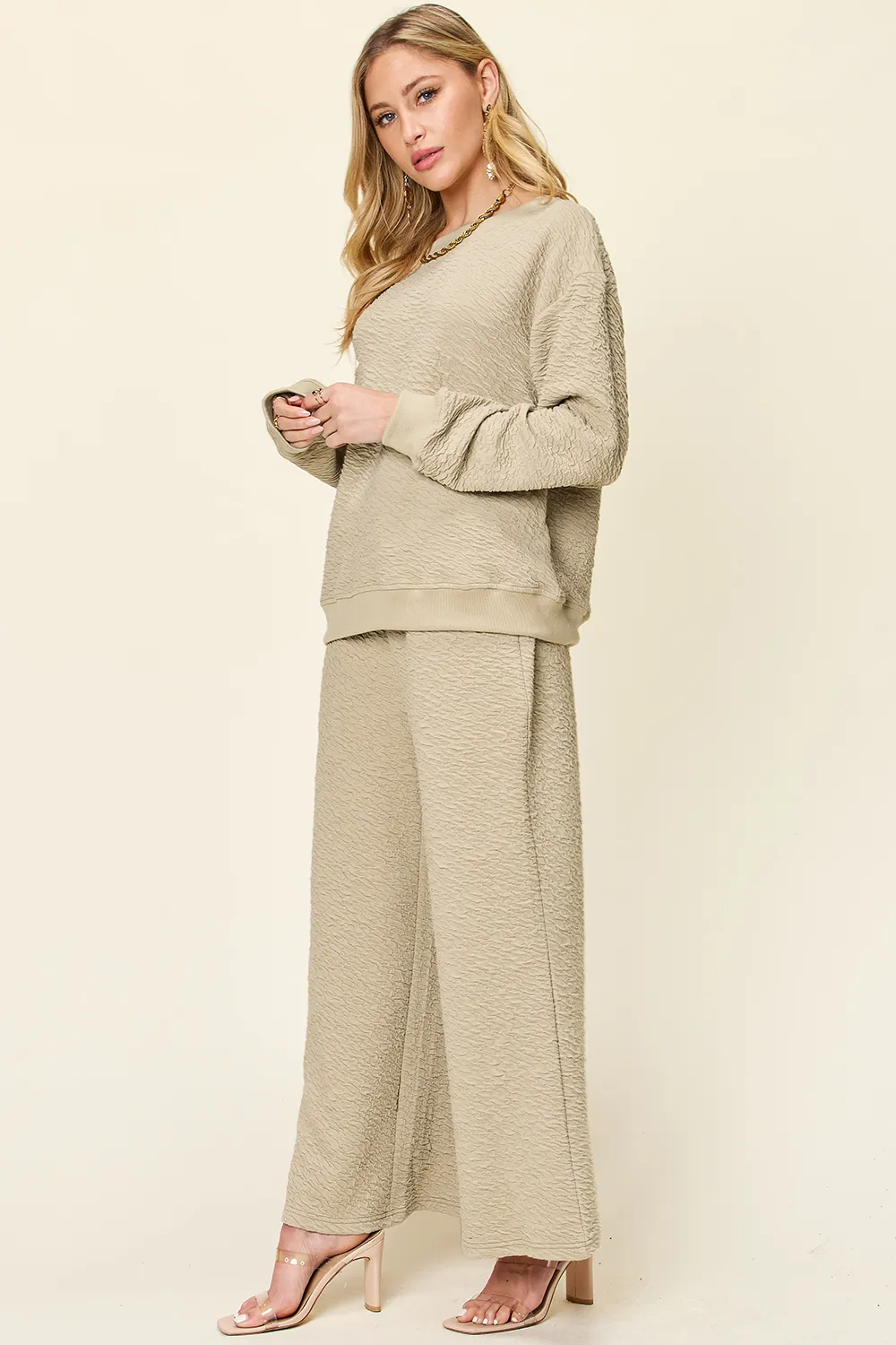 Full Size Texture Long Sleeve Top and Pants Set, image 11