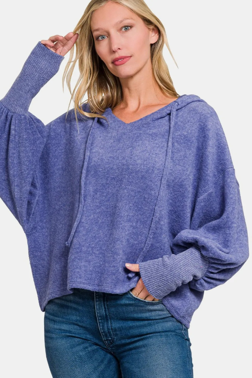 Brushed Hacci Drop Shoulder Cropped Hoodie, image 2