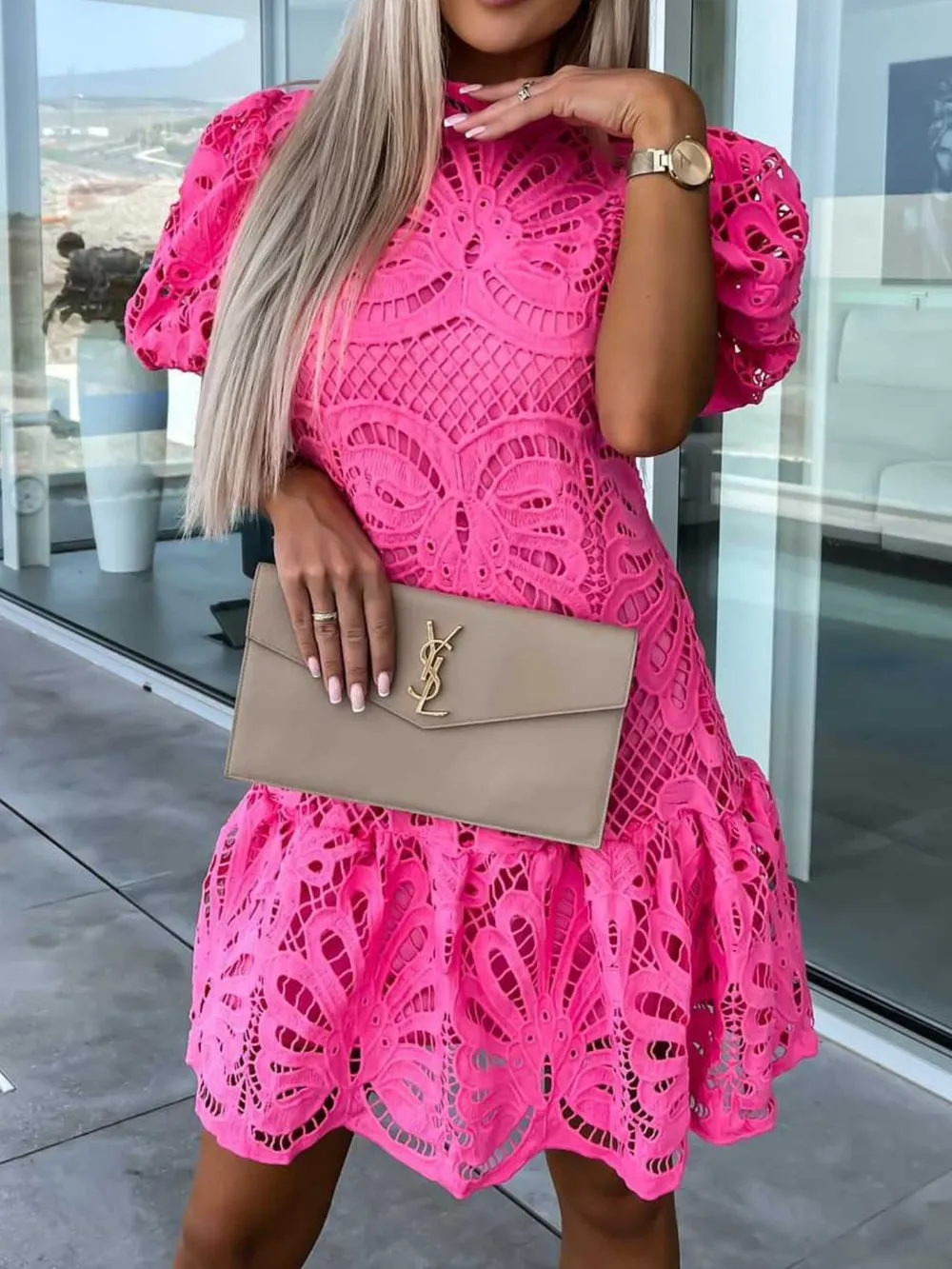 Lace Mock Neck Puff Sleeve Dress, image 10