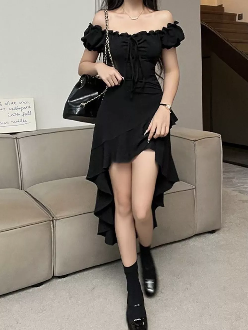 Off-Shoulder Ruffle Hem High-Low Dress, image 4