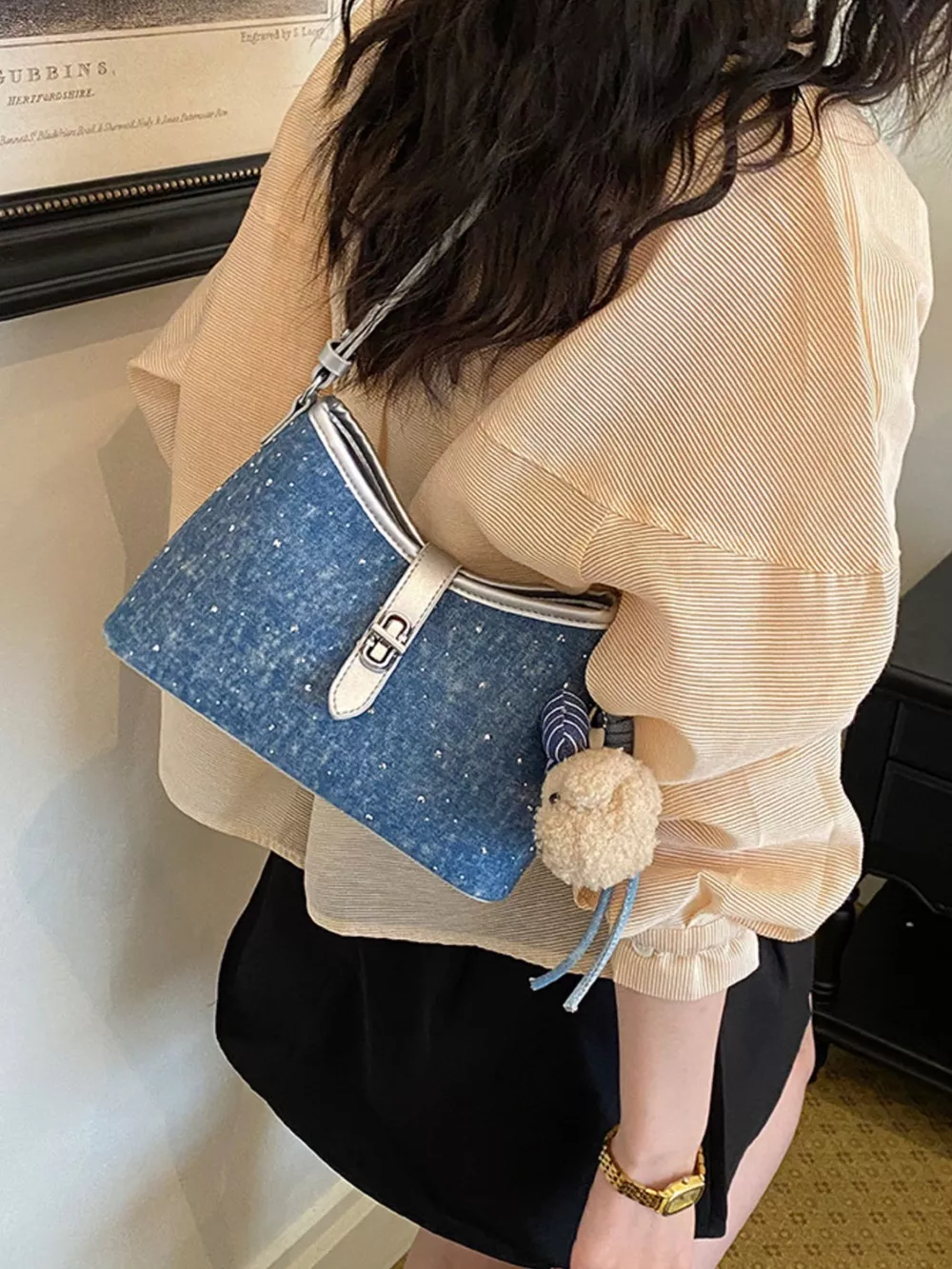 Buckle Detail Denim Shoulder Bag, image 2