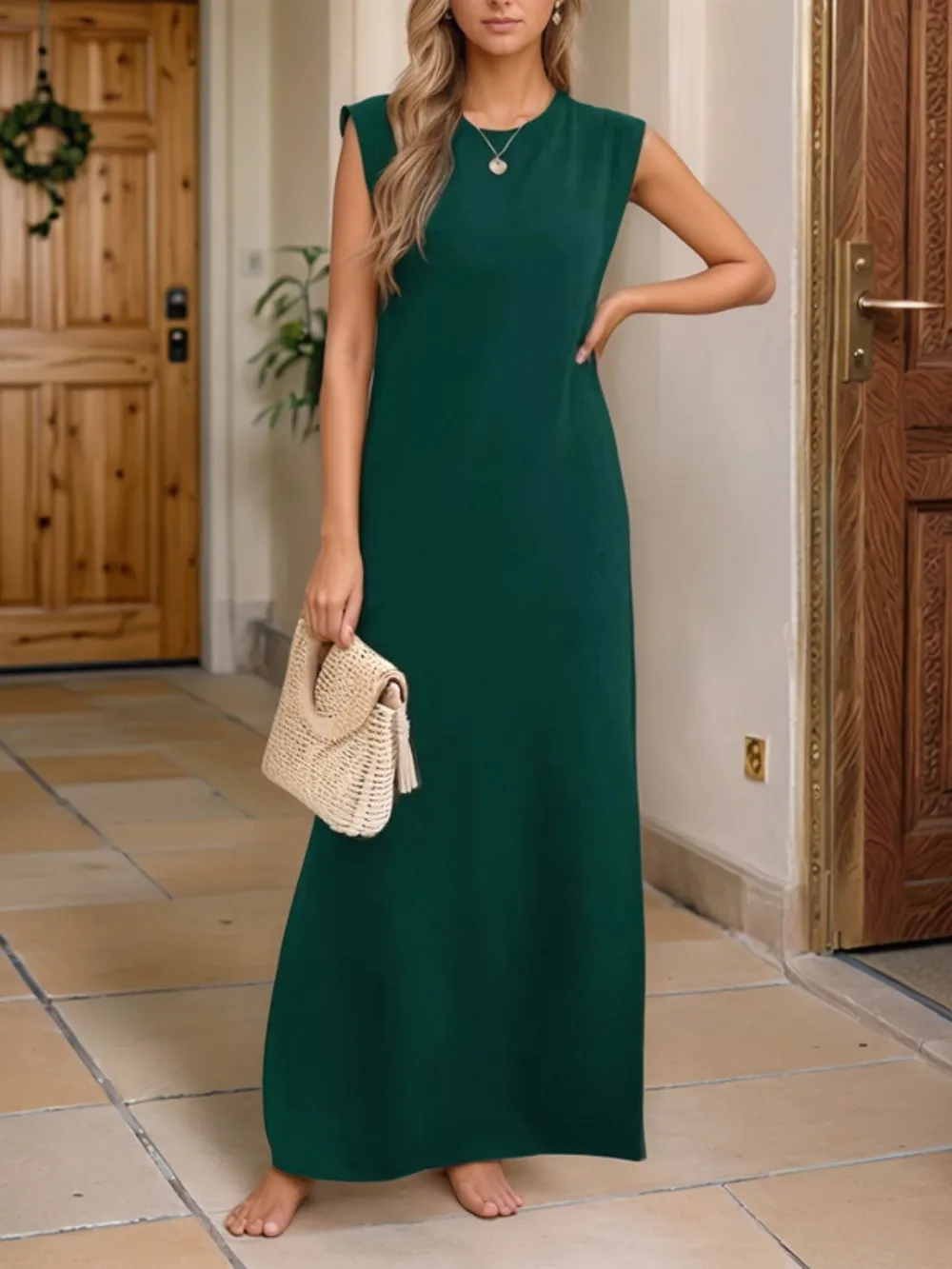 Full Size Slit Round Neck Sleeveless Maxi Tank Dress Plus Size, image 16