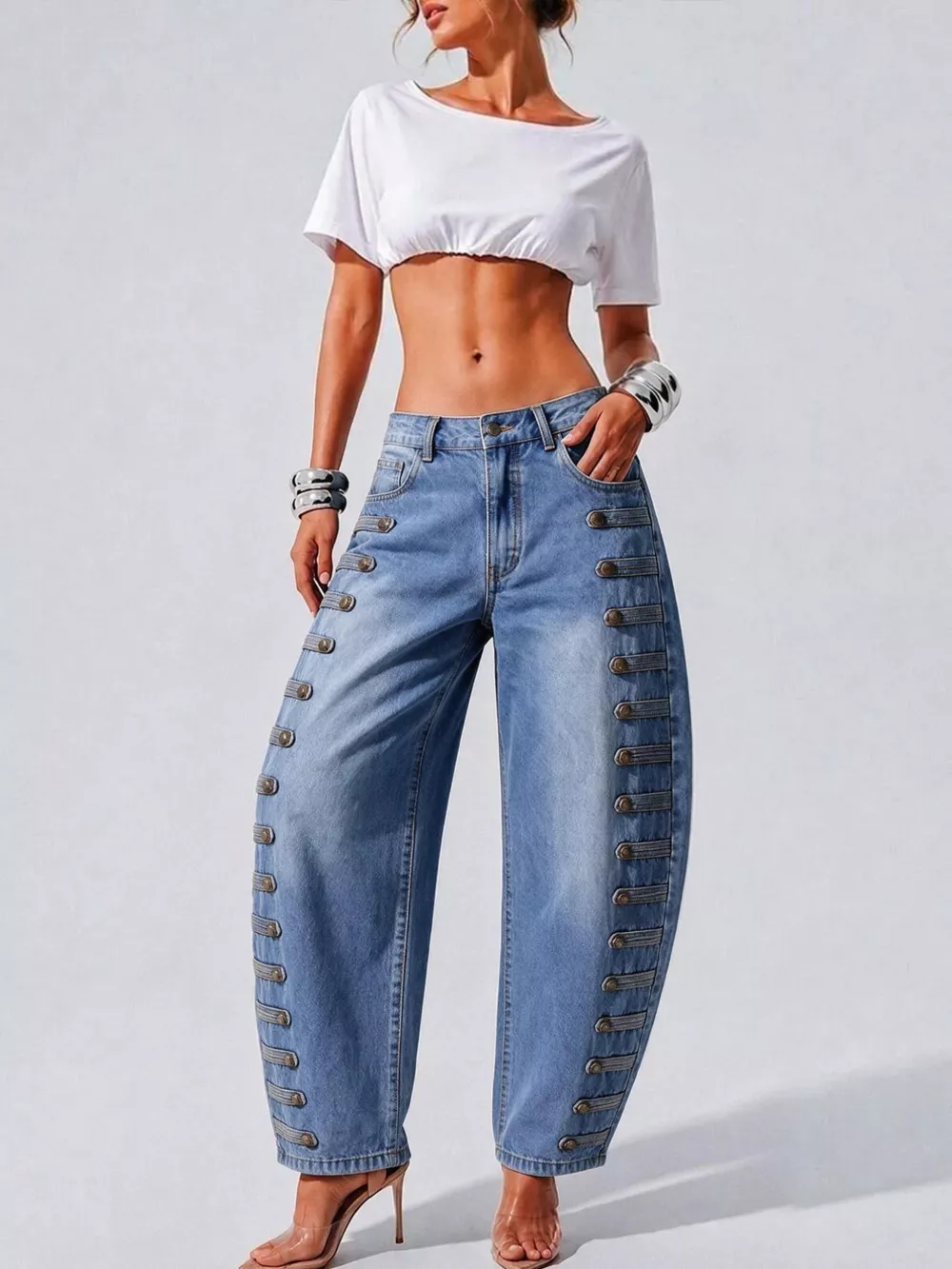 Decorative Button Wide Leg Jeans, image 24