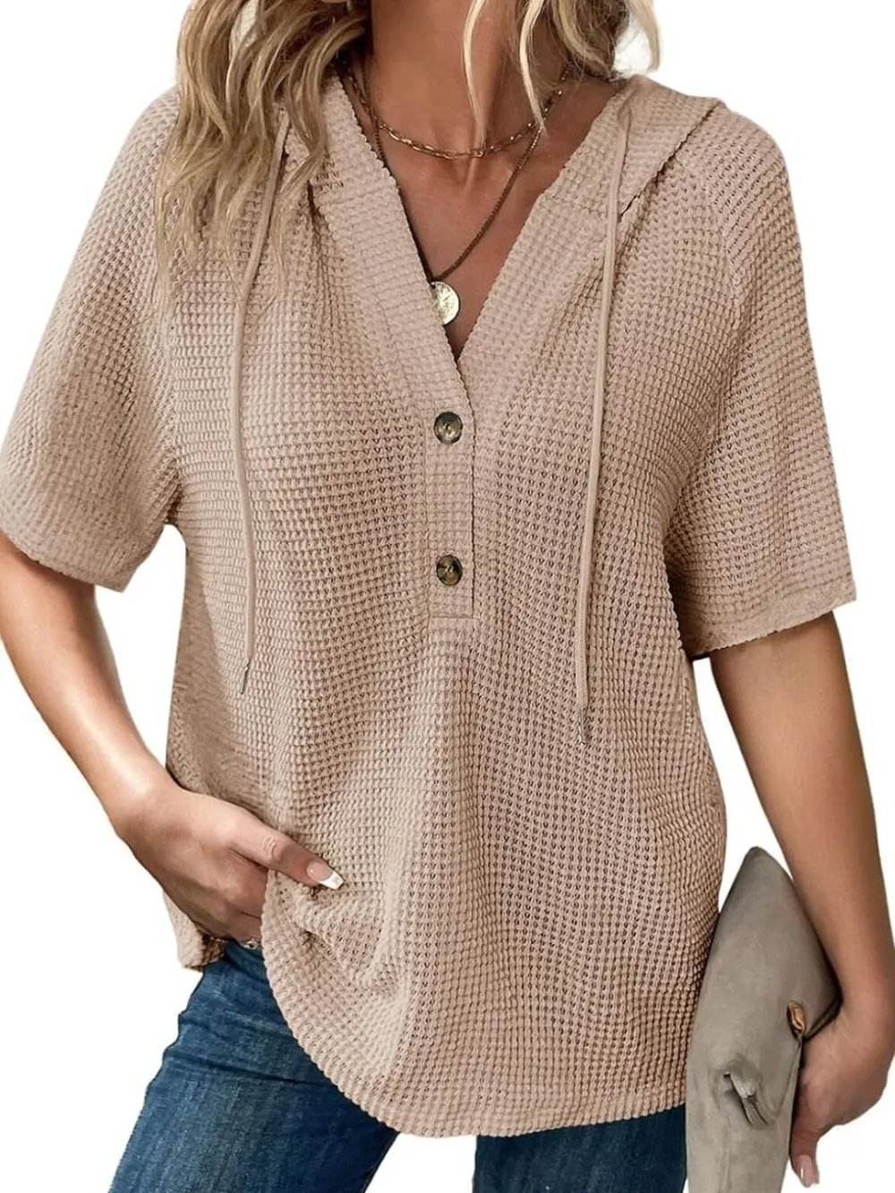 Drawstring Waffle-Knit Short Sleeve Hooded Top, image 17