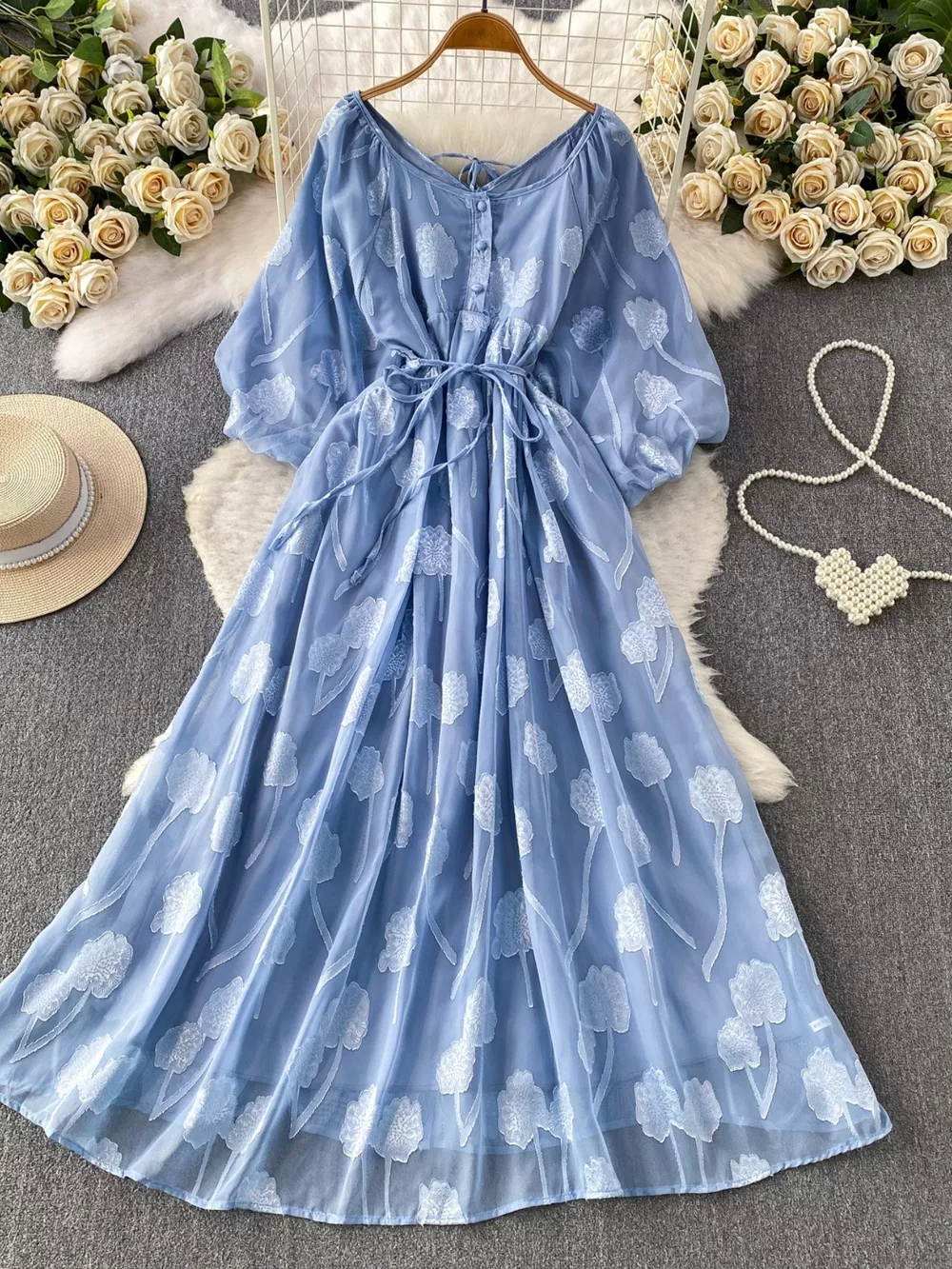 Button Front Puff Sleeve Chiffon Dress, image 17
