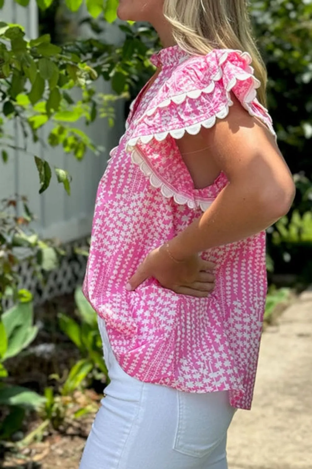 Abstract Print Ric Rac Trim Flutter Sleeve Notched Blouse, image 6
