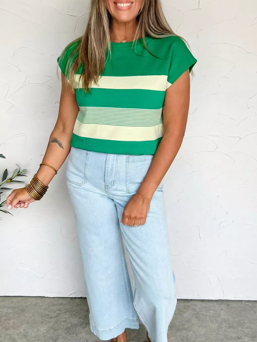 Stripe Mixed Print Crew Neck Cap Sleeve T Shirt, image 7
