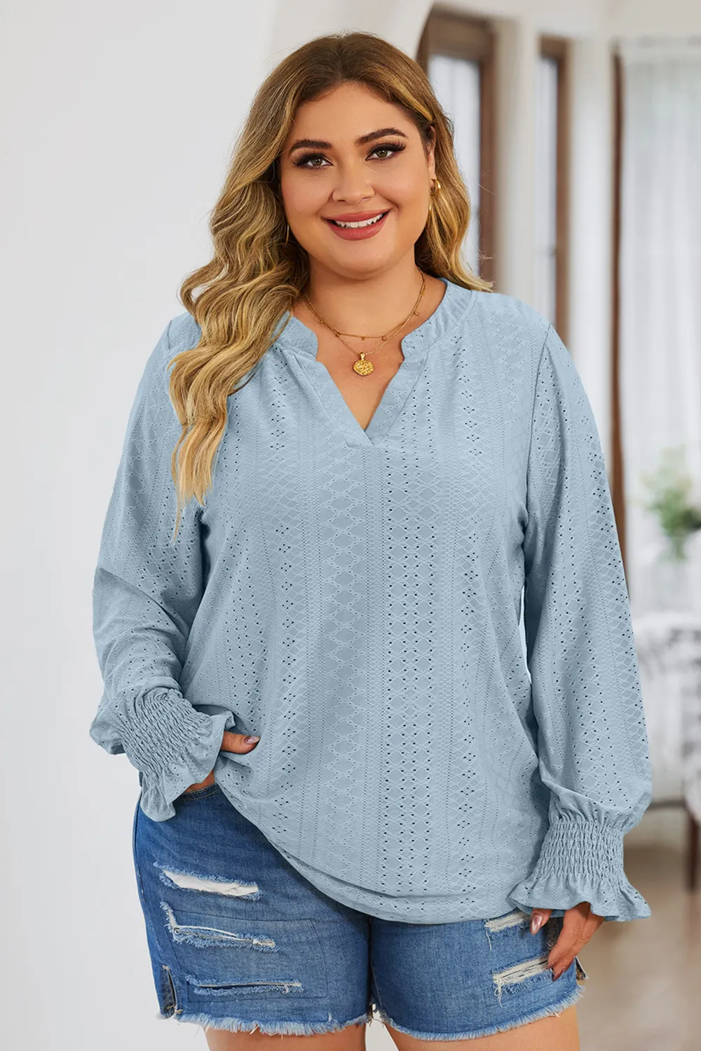 Plus Size Eyelet Notched Flounce Sleeve Blouse, image 7