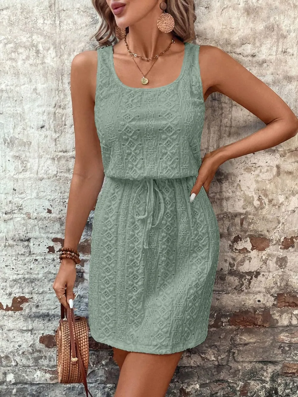 Eyelet Drawstring Round Neck Sleeveless Dress, image 14